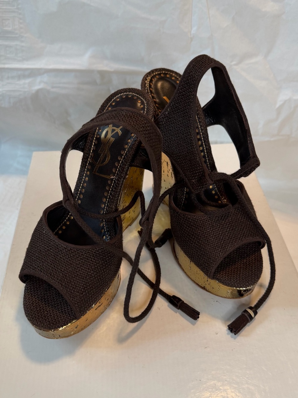 Yves Saint Laurent Dark Brown Woven Platform Wedge Sandals with Gold Trim